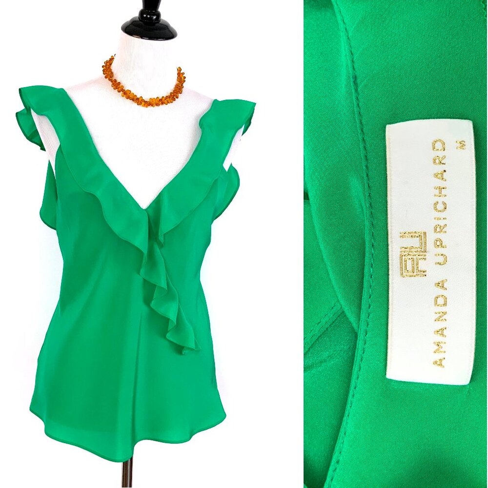 Amanda Uprichard Silk Ruffle Front Spaghetti Strap Cami Top Kelly Green Medium - Picture 3 of 16